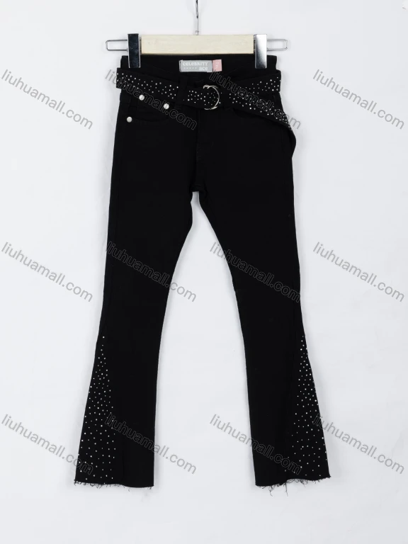 Wholesale Girls' Trendy Plain Rhinestone Decor Frayed Raw Hem Bootcut Jean With Belt 05#