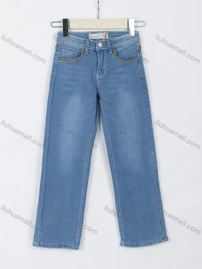 Wholesale Girls' Casual Plain Patch Pocket Wash Button Closure Wide Leg Jeans 04#