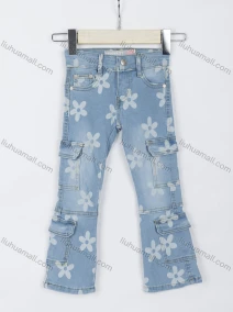 Wholesale Girls' Trendy Floral Print Multiple Flap Pockets Button Closure Bootcut Jeans 01#, LIUHUA CLOTHING WHOLESALE