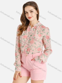 Wholesale Women's Fall Peony Print Button Extra-Long Sleeve Shirt, LIUHUA CLOTHING WHOLESALE