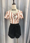 Wholesale Women's Casual Tie Front Colorblock Striped Crop Blouse & Plain Tie Front Shorts Set - Liuhuamall