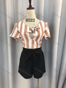 Wholesale Women's Casual Tie Front Colorblock Striped Crop Blouse & Plain Tie Front Shorts Set, LIUHUA CLOTHING WHOLESALE