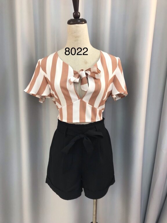 Women's Casual Tie Front Colorblock Striped Crop Blouse & Plain Tie Front Shorts Set, Clothing Wholesale Market -LIUHUA, All Categories