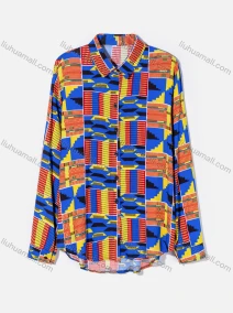 Wholesale Women's Plus Size Fashion Long Sleeve Button Down Allover Geo & Patchwork Print Shirt, LIUHUA CLOTHING WHOLESALE