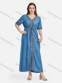 Wholesale Women's Casual Elegant V Neck Embroidery Rhinestone Half Sleeve Drawstring Maxi Dress, LIUHUA CLOTHING WHOLESALE
