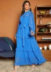 Wholesale Women's Casual Plain Tie Neck Ruffle Trim Long Sleeve Layered Ruffle Hem Maxi Dress With Belt - Liuhuamall