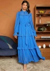 Wholesale Women's Casual Plain Tie Neck Ruffle Trim Long Sleeve Layered Ruffle Hem Maxi Dress With Belt - Liuhuamall
