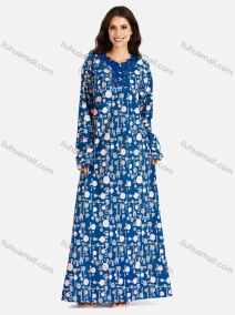 Wholesale Women's Embroidered Round Neck Allover Front Print Long Sleeve Lounge Nightshirt, LIUHUA CLOTHING WHOLESALE