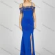 Wholesale Women's Glamorous Plain Rhinestone Tassel Split Side Cold Shoulder Maxi Evening Dress 7042# Blue Clothing Wholesale Market Liuhua