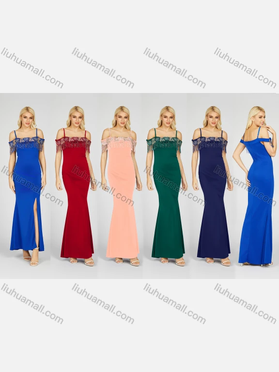 Wholesale Women's Glamorous Plain Rhinestone Tassel Split Side Cold Shoulder Maxi Evening Dress 7042#
