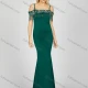 Wholesale Women's Glamorous Plain Rhinestone Tassel Split Side Cold Shoulder Maxi Evening Dress 7042# Green Clothing Wholesale Market Liuhua