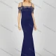 Wholesale Women's Glamorous Plain Rhinestone Tassel Split Side Cold Shoulder Maxi Evening Dress 7042# Navy Clothing Wholesale Market Liuhua