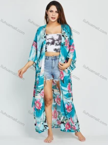 Wholesale Women's Allover Floral Animal Print 3/4 Sleeve Long Kimono Cardigan With Belt, LIUHUA CLOTHING WHOLESALE