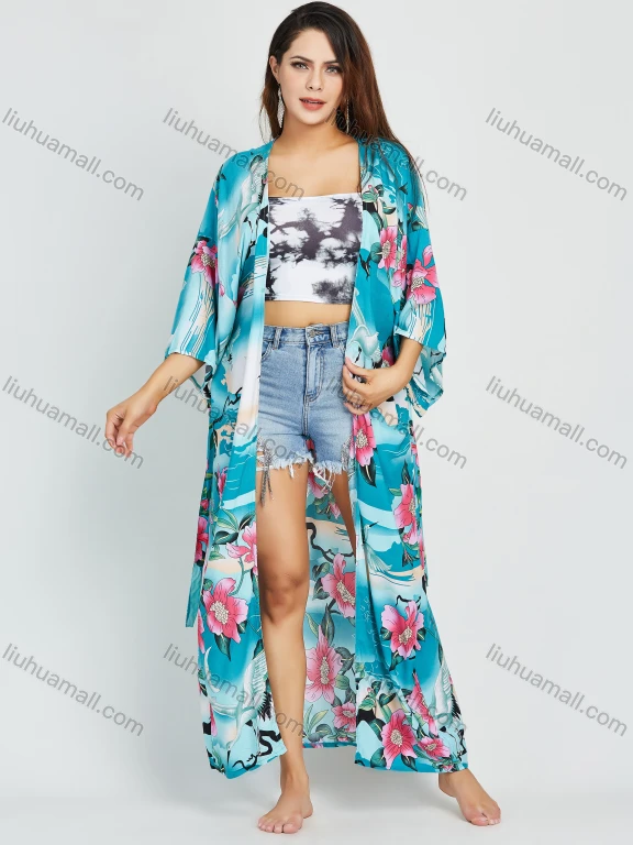 Wholesale Women's Allover Floral Animal Print 3/4 Sleeve Long Kimono Cardigan With Belt