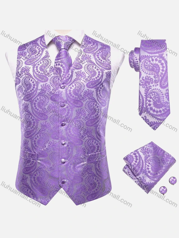 Wholesale Men's Formal Paisley Print Silky Waistcoat With Necktie & Kerchief & Cufflinks 4-piece Set