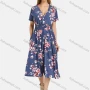 Wholesale Women's Casual V Neck Wrap Ruched Short Sleeve Floral Shirred Pockets Midi Dress 04# preview