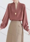 Wholesale Women's Casual Long Sleeve V Neck One Button Ruched Plain Shirts - Liuhuamall