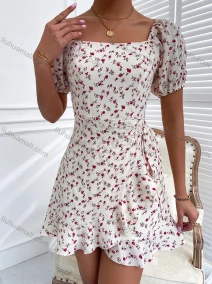 Wholesale Women's Square Neck Puff Sleeve Floral Print Wrap Hem Short Dress With Belt B1172X##, LIUHUA CLOTHING WHOLESALE