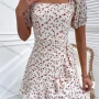 Wholesale Women's Square Neck Puff Sleeve Floral Print Wrap Hem Short Dress With Belt B1172X## preview