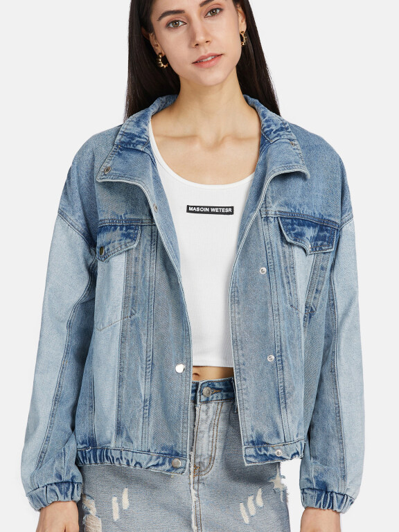 Women's Fashion Plain Lapel Button Down Splicing Distressed Fake Pocket Denim Jacket, Clothing Wholesale Market -LIUHUA, 