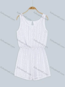 Wholesale Women's Vacation Sleeveless Embroidery Lace Hollow Out Keyhole Back Elastic Waist Romper 855414#, LIUHUA CLOTHING WHOLESALE