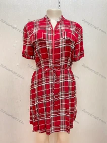 Wholesale Women's Stand Collar Zip Fake Pockets Rolled Sleeve Gingham Short Dress With Belt, LIUHUA CLOTHING WHOLESALE