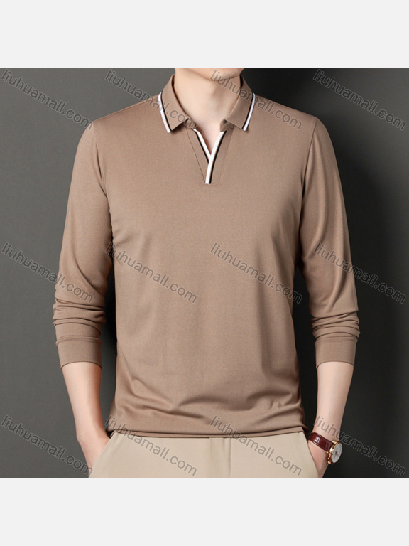 Wholesale Men's Casual Plain Notched Long Sleeve Ice Silk Striped Trim Henley Shirt 2512#