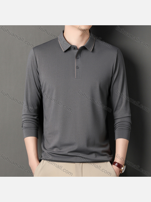 Wholesale Men's Business Plain Long Sleeve Striped Trim Slim Fit Polo Shirt 2513#