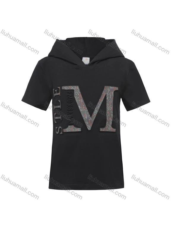 Wholesale Boys Casual 3D Letter Feature Letter Print Short Sleeve Hoodie