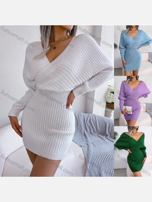 Wholesale Women's Casual Plain Long Sleeve Wrap V Neck Ribbed Bodycon Short Dress