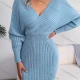 Wholesale Women's Casual Plain Long Sleeve Wrap V Neck Ribbed Bodycon Short Dress Blue Clothing Wholesale Market Liuhua