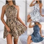 Wholesale Women's Elegant Leopard Print Ruffle Hem Halter Short Dress With Belt preview