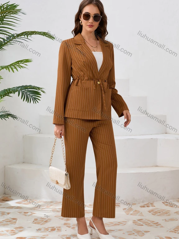 Wholesale Women's Business Striped Lapel Long Sleeve Drawstring Double Patch Pocket Suit Jackets 2-Piece Sets