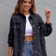 Wholesale Women's Fashion Plain Flap Pockets Button Down Ripped Frayed Raw Hem Long Sleeve Denim Jacket Black Clothing Wholesale Market Liuhua