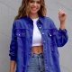 Wholesale Women's Fashion Plain Flap Pockets Button Down Ripped Frayed Raw Hem Long Sleeve Denim Jacket Blue Clothing Wholesale Market Liuhua