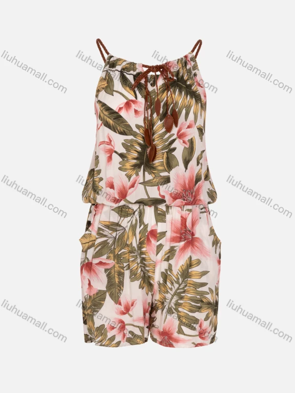Wholesale Women's Sleeveless Spaghetti Strap Keyhole Neck Floral Print Romper