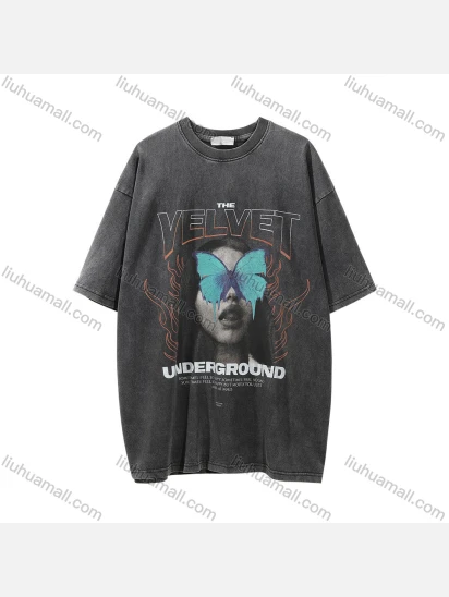 Wholesale Men's Figure Print Washed Short-Sleeved T-shirt Loose Fit Round Neck Tee