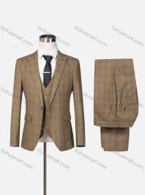 Wholesale Men's Formal Lapel One Button Plaid Blazer & Waistcoat & Pants 3-piece Suit Set, LIUHUA CLOTHING WHOLESALE