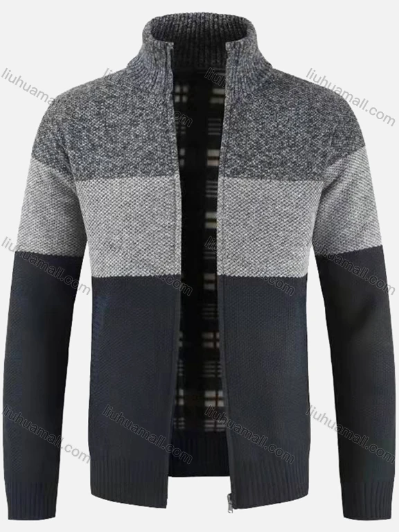 Wholesale Men's Casual Long Sleeve Full Zip Colorblock Chunky Knit Jackets
