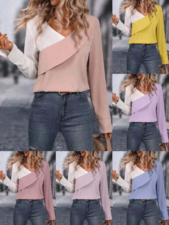 Women's Casual Splicing Colorblock V Neck Long Sleeve Blouse, Clothing Wholesale Market -LIUHUA, WOMEN, Blouses-Shirts