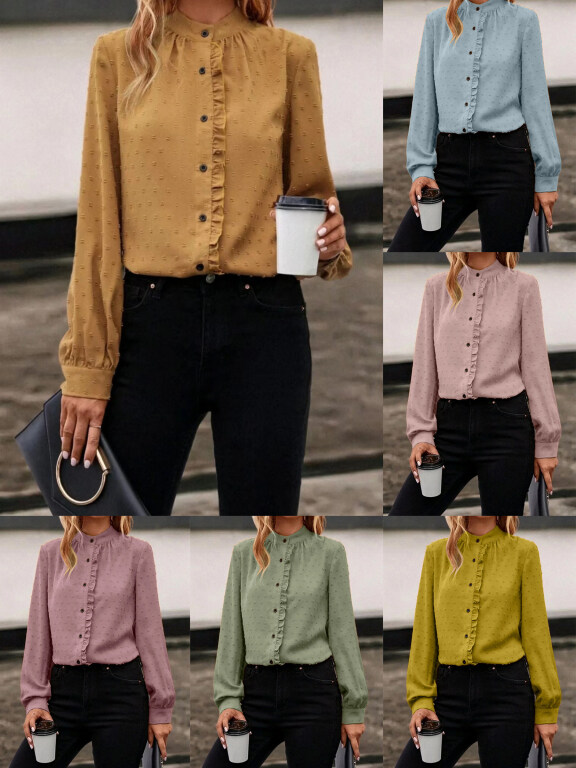Women's Casual Plain Swiss Dot Ruffle Trim Stand Collar Buttons Down Long Sleeve Blouse, Clothing Wholesale Market -LIUHUA, 