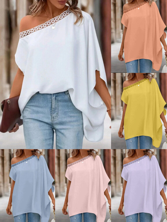 Women's Casual Plain Embroidery Trim Slanted Shoulder Blouse, Clothing Wholesale Market -LIUHUA, WOMEN, Tops