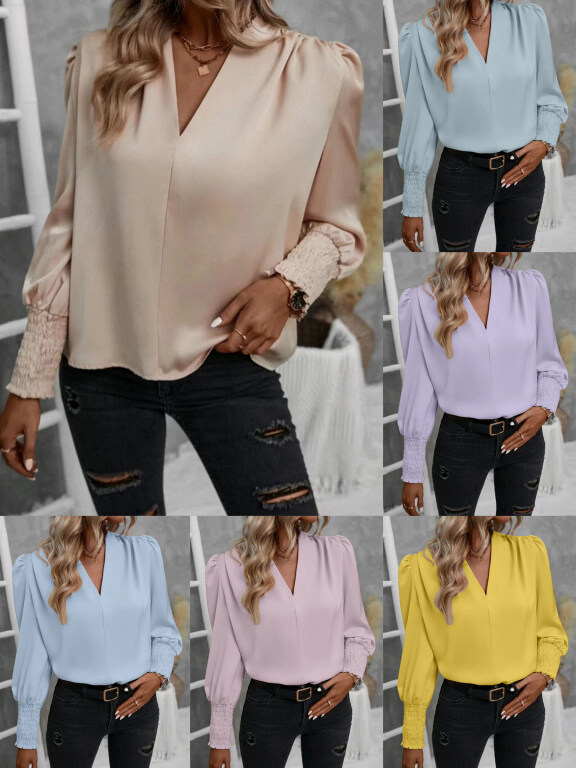 Women's Casual Plain V Neck Bishop Sleeve Ruched Shirred Blouse, Clothing Wholesale Market -LIUHUA, 