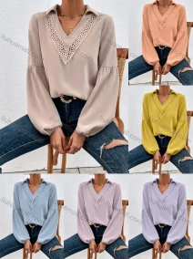 Wholesale Women's Casual Plain V Neck Collared Hollow Out Ruched Long Sleeve Blouse, LIUHUA CLOTHING WHOLESALE