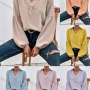 Wholesale Women's Casual Plain V Neck Collared Hollow Out Ruched Long Sleeve Blouse preview