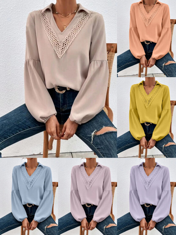 Women's Casual Plain V Neck Collared Hollow Out Ruched Long Sleeve Blouse, Clothing Wholesale Market -LIUHUA, 