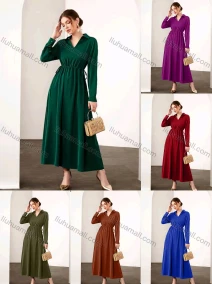 Wholesale Women's Casual Elegant V Neck Collared Long Sleeve Ruched Drawstring Maxi Dress, LIUHUA CLOTHING WHOLESALE