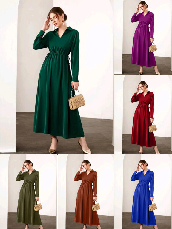 Women's Casual Elegant V Neck Collared Long Sleeve Ruched Drawstring Maxi Dress, Clothing Wholesale Market -LIUHUA, WOMEN, Dresses