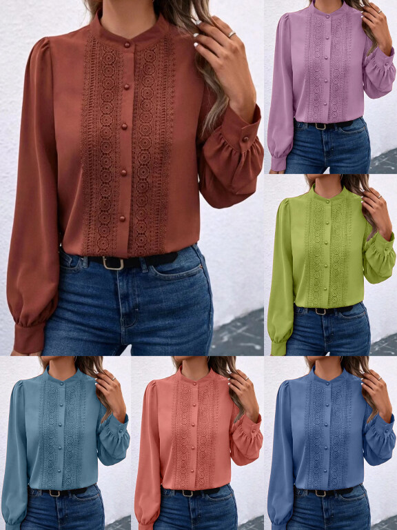 Women's Casual Plain Embroidery Stand Collar Long Sleeve Buttons Down Blouse, Clothing Wholesale Market -LIUHUA, 