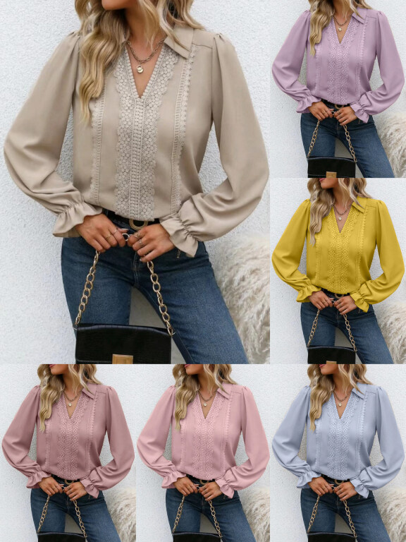 Women's Casual Lace Trim Ruched V Neck Collared Plain Poet Sleeve Blouse, Clothing Wholesale Market -LIUHUA, WOMEN, Tops